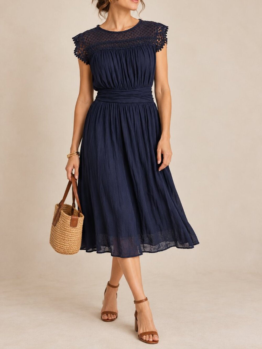 Boden Navy Swiss Dot Crochet Lace Midi Dress 14L